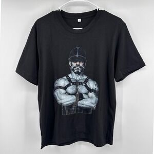 Fashion Mens Black Graphic T-Shirt Leather Harness Muscle Man Print Size S